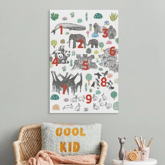 Wandbild Illustration von Zootieren mit Zahlen - Walentynowicz - Alu-Dibond 