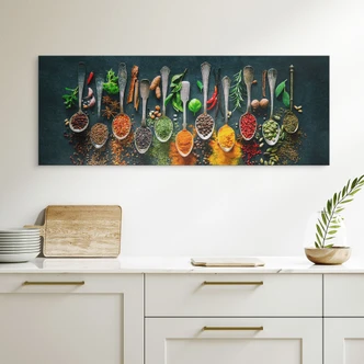 Wandbild Bunte Vielfalt an Gewürzen - Panorama - Alu-Dibond 