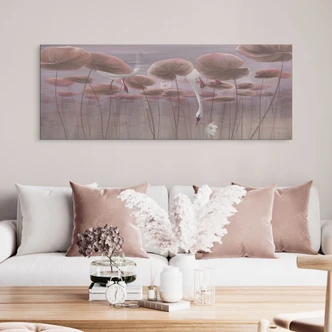 Wandbild Lotusblumen mit Schwan im Wasser in Altrosa - Ms Tiff - Alu-Dibond Panorama 
