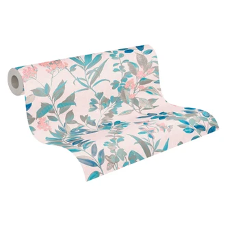 Blommig tapet med blommor vit färgglad - non-woven tapet blommig akvarellstil 