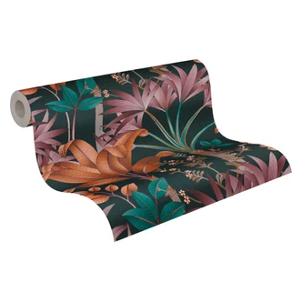 Djungel tapet i grafisk stil svart färgglad - non-woven tapet palmblad 