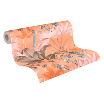 Djungel tapet i grafisk stil orange färgglad - non-woven tapet palmblad 