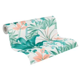 Djungel tapet i grafisk stil vit grön - non-woven tapet palmblad 