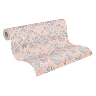 Papier peint intissé à motif floral Beige Gris - papier peint oiseaux avec animaux 