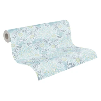 Papier peint avec rinceaux fleuris et fleurs bleu blanc - papier peint intissé floral 