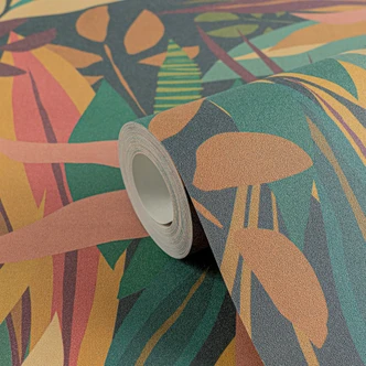 Tropen-Tapete bunt Dunkelgrün – Exotische Blätter-Tapete – Vliestapete modern 