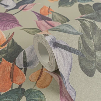 Florale Tapete Anthurien Bunt Grün Beige – Tropisches Blumenmuster – Vliestapete 