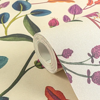 Patroonbehang bloesems roze oranje blauw - speelse bloemenlook - Vliesbehang Patroonbehang bloesems roze oranje blauw - speelse bloemenlook - Vliesbehang