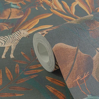 Safari-Tapete Dunkelgrün Bunt – Mustertapete mit Tieren & Blättern – Vliestapete 