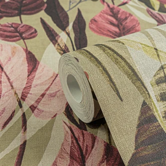 Botanisk tapet beige rosa - tapet med djungelmönster med löv - Icke-vävd tapet 