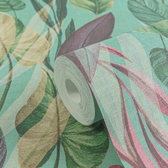 Papier peint botanique vert turquoise multicolore - Papier peint à motifs végétaux moderne - Papier peint intissé 