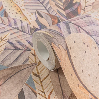 Papier peint jungle lilas beige - feuilles pastel moderne - papier peint intissé 