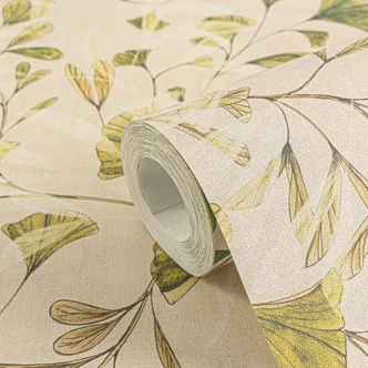 Papier peint à feuilles Ginkgo Nature Crème - Papier peint intissé aux douces nuances de vert - Moderne & élégant 
