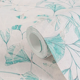 Blätter-Tapete Ginkgo Türkis Weiß – Vliestapete mit Aquarell-Look – Frisch & Leicht 