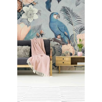 Livingwalls Fototapete ARTist Jungle Rendevous mit Blumen Rosen und Papageien blau, grün, rosa 