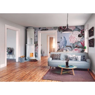 Livingwalls Fototapete ARTist Jungle Rendevous mit Blumen Rosen und Papageien blau, orange 