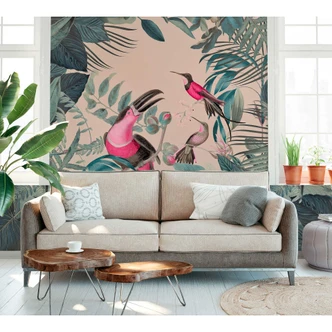 Livingwalls Fototapete ARTist Toucans Paradise mit Dschungel und Tukanen beige, grün, rosa 