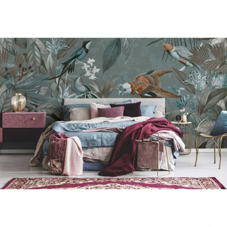 Livingwalls Fototapete ARTist Tropical Jungle mit Dschungel und Tukanen grün, orange 