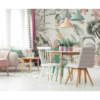 Livingwalls Fototapete ARTist Tropical Paradise mit Dschungel Vögeln und Schmetterlingen creme, grün, orange, rosa 