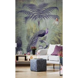 Livingwalls Fototapete ARTist Peacock Jungle mit Dschungel und Pfauen grau, grün, violett 