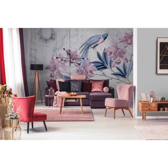 Livingwalls Fototapete ARTist Bird Discovery mit Blumen Vögeln und Weltkarte blau, rosa 