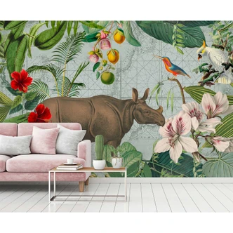 Livingwalls Fototapete ARTist Jungle Rhino mit Dschungel und Nilpferd braun, grün, orange, rosa, rot 