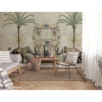 Livingwalls Fototapete ARTist Nostalgic Elefant orientalisch beige, braun, gold, grün 