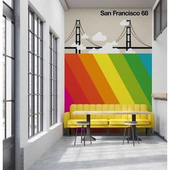 Livingwalls Fototapete ARTist San Francisco 68 Golden Gate Bridge beige, gelb, grün, orange, rosa, rot, schwarz, türkis, weiß 
