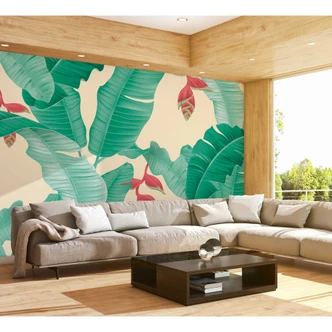 Livingwalls Fototapete ARTist Heliconia mit Palmenblättern creme, gelb, grün, rot 