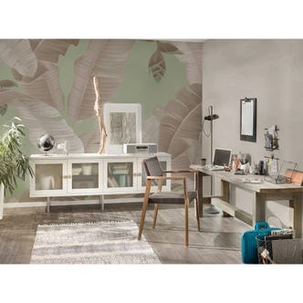 Livingwalls Fototapete ARTist Heliconia mit Palmenblättern grau, grün 