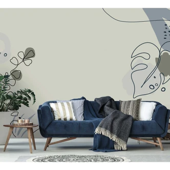 Livingwalls Fototapete ARTist Drawn Leaves mit gezeichneten Blättern blau, creme, grau 