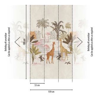 Safari behang beige kleurrijk - vliesbehang met giraffen & palmbomen voor woonkamer & kinderkamer 