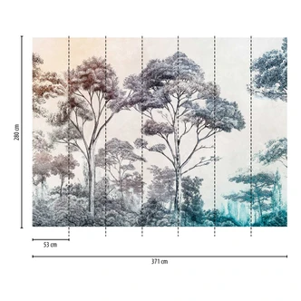 Kleurrijk bos behang - vliesbehang met boom illustratie voor woonkamer & slaapkamer 