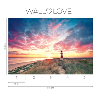 Lighthouse wallpaper sunset pink blue - non-woven wallpaper 3,75 m x 2,50 m coastal motif 