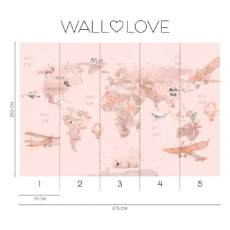 Fotomurale mappa del mondo animali rosa beige 3,75 x 2,50 m - Carta da parati in tessuto non tessuto per bambini 