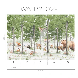 Fotomurale animali della foresta verde bianco 3,75 x 2,50 m - Carta da parati in tessuto non tessuto per bambini 