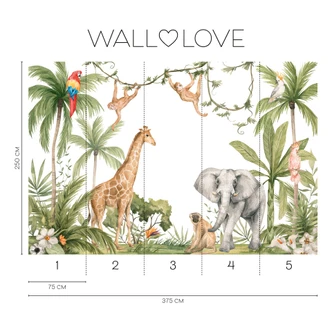 Animali della giungla verde bianco 3,75 x 2,50 m - Fotomurale per bambini in tessuto non tessuto tropicale 