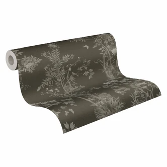 Tapeta wg wzoru kwiatowego z motylami czarna szara - tapeta z włókniny motyw natura 