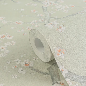 Bloesemtakken behang groen wit roze - Vliesbehang met kersenbloesem motief Bloesemtakken behang groen wit roze - Vliesbehang met kersenbloesem motief