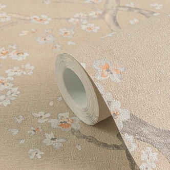 Bloesemtakkenbehang beige wit oranje - Vliesbehang met kersenbloesems Bloesemtakkenbehang beige wit oranje - Vliesbehang met kersenbloesems
