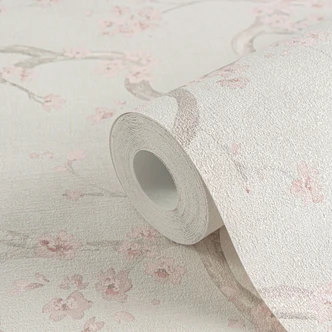 Tapeta z kwiatami wiśni jasnoszary różowy biały - japoński motyw kwiatów - tapeta z włókniny 