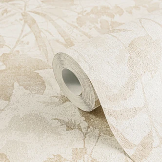 Papel pintado vegetal blanco beige - motivo hoja estilo naturaleza - Papel pintado no tejido con textura 