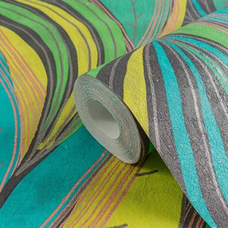 Papier peint jungle turquoise vert jaune - structure de feuille moderne multicolore - papier peint intissé 