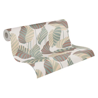 Papier peint plantes feuilles blanc vert rouge orangé - papier peint intissé contemporain 