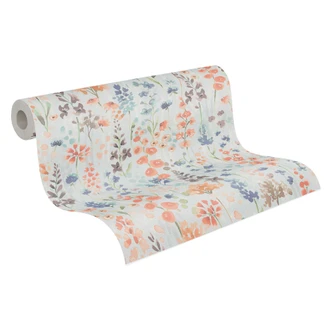 Papier peint fleuri aquarelle bleu orange - papier peint à motifs floraux - papier peint intissé 