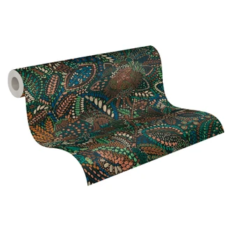 Icke-vävd tapet etnoblommor blad blågrön tapet tapet tapet blad tendrils  