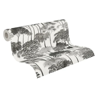 Icke-vävd tapet skogsträd palmer grå svart vit metallisk tapet tapet natur 