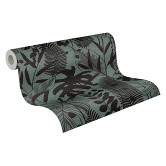 Icke-vävd tapet palmblad blå svart metallisk tapet tapet tropikerna 