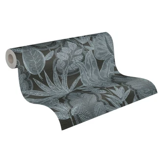 Papier peint intissé design floral noir gris - papier peint graphique avec feuilles  