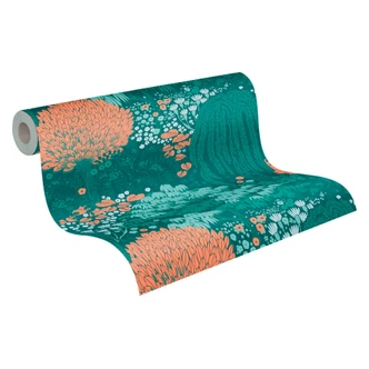 Papier peint à motifs forêt bleu vert - papier peint avec accents orange 